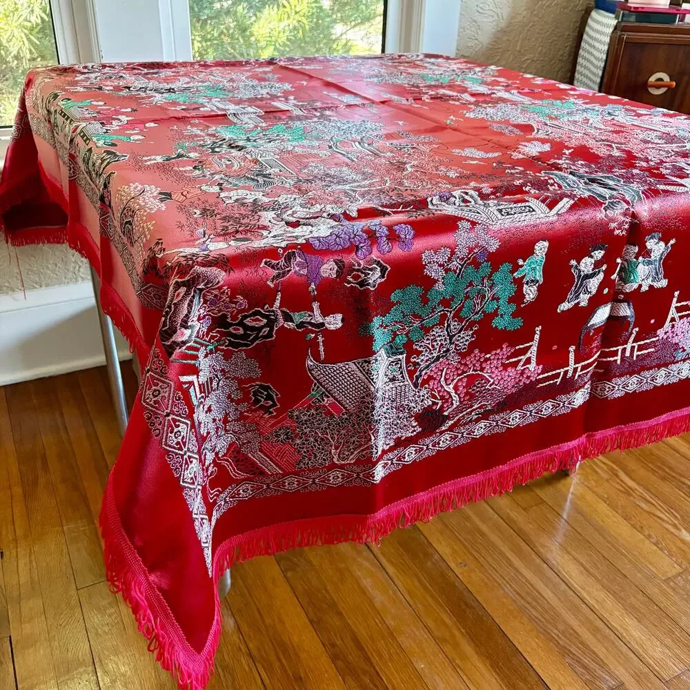 Vintage Chinese Scenic Fringed Tablecloth 74x55 Red Satin Brocade Shawl Tapestry